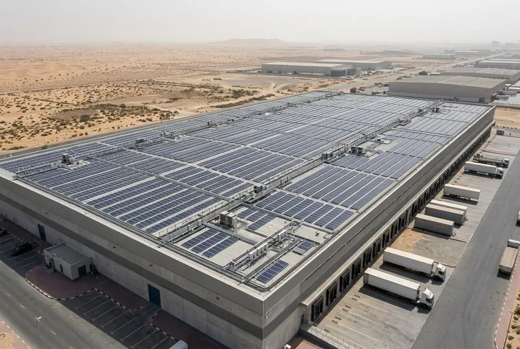 Large rooftop solar array for a commercial warehouse in Dubai