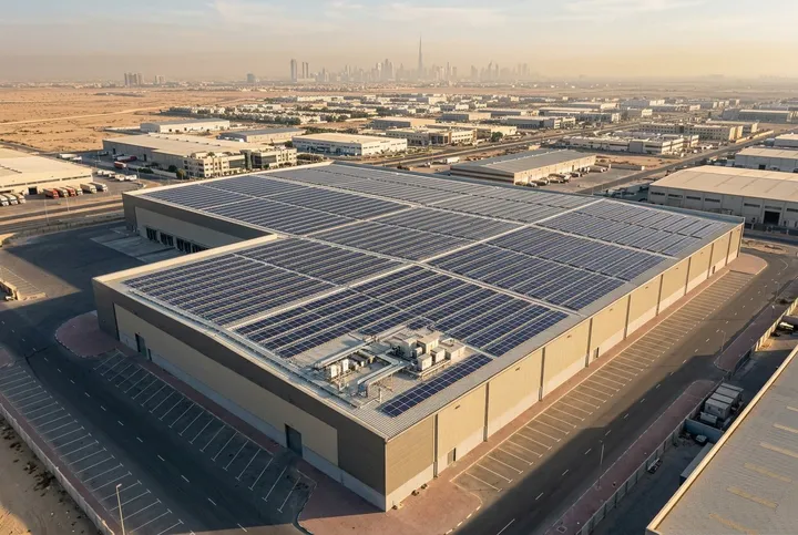 Large solar panel array covering a UAE commercial warehouse roof