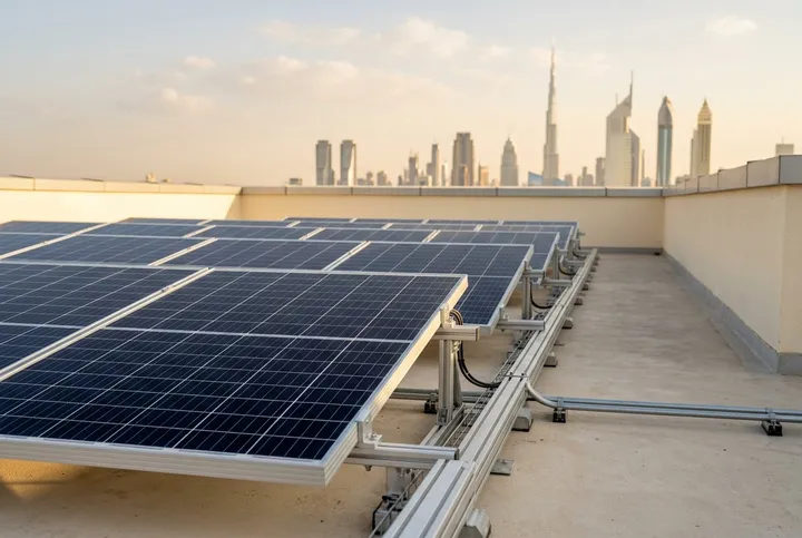 Close view of solar panels and mounting rails on a Dubai rooftop