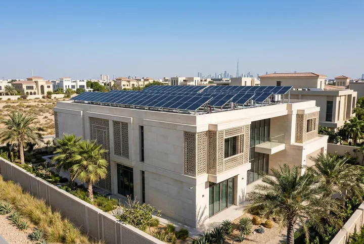 UAE villa with a completed rooftop solar panel system