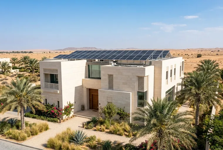 Contemporary UAE villa illustrating a rooftop solar system in Abu Dhabi